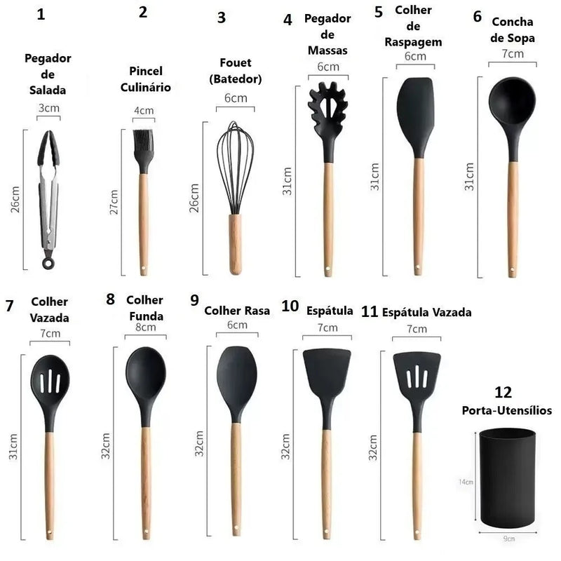 Kit de Utensílios de Cozinha com 12 Peças em Silicone e Cabos de Madeira